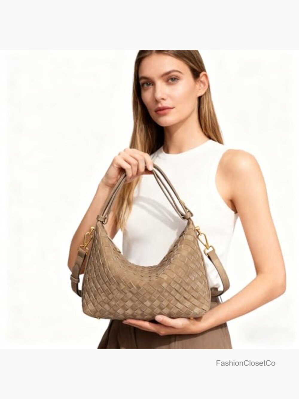 Woven Faux Suede Hobo Purse with Adjustable Straps Crossbody - Picture 2 of 7